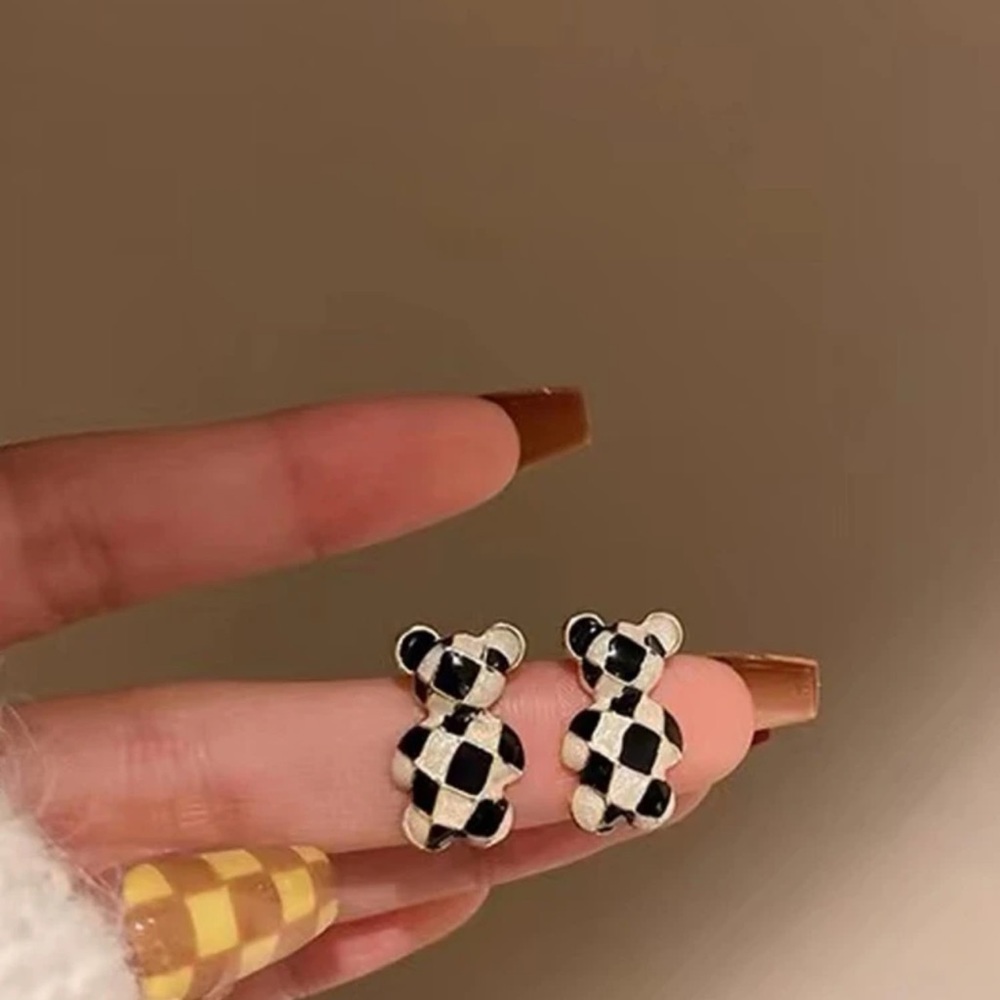 Copy 🧸 Adorable Checkered Teddy Bear Stuffed Animal Stud Earrings 🐻 - Picture 4 of 4